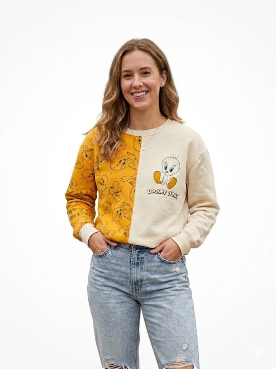 Looney Tunes Mania Sweaters - Looney Tunes Tweety Bird Colorblock Crewneck Sweatshirt Women’s Small